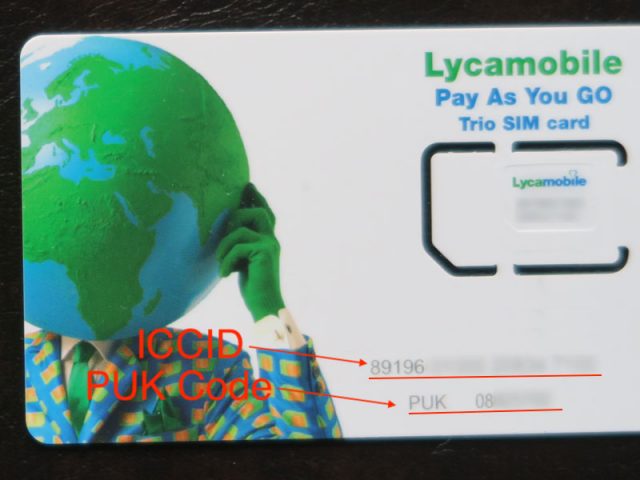Lycamobileのカード上でのICCID、PUKの掲載位置
