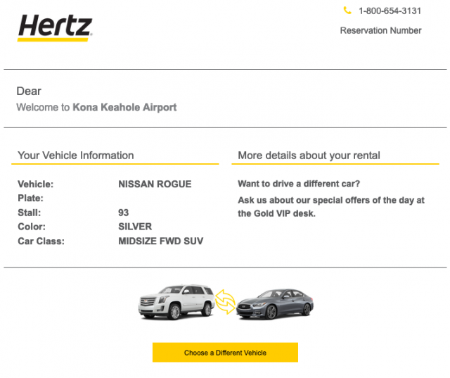 Hertzレンタカーから届いた、実際に借りる車種を伝える通知のメール